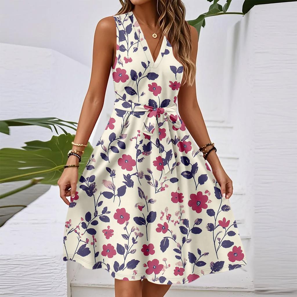 Women's Spring And Summer Casual V-Neck Sleeveless Waist Floral Print Midi Dress