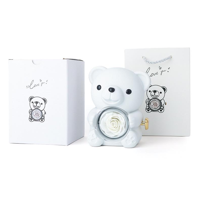 Rotating Acrylic Jewelry Box with Teddy Bear & Eternal Rose for Valentine's Day