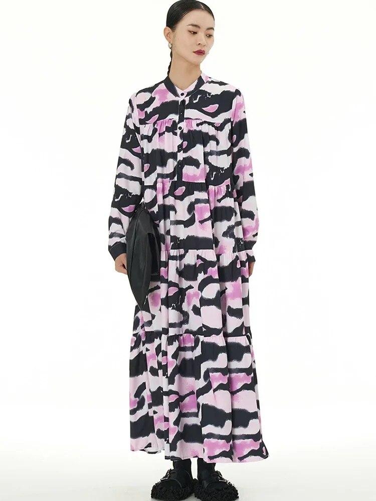 Xitao Dámské ležérní šaty s dlouhým rukávem a volným potiskem, patchworkovým stojáčkem, HQQ2080