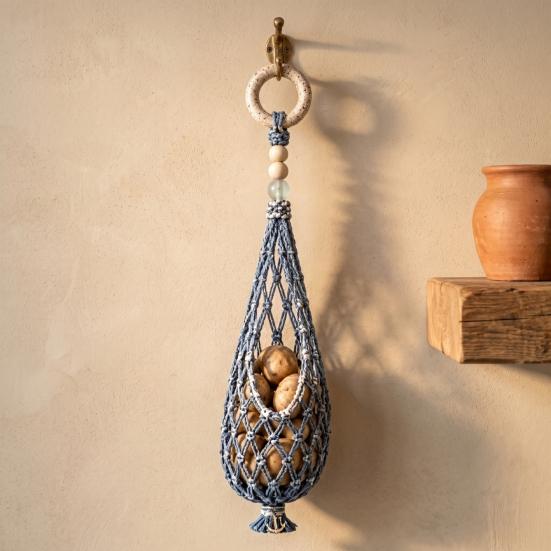 Onion And Potato Storage Keeper Handwoven Cotton Rope Mesh Bag, Wall-Mounted Bohemian Style Organizer, Kitchen Countertop Space Saver Breathable