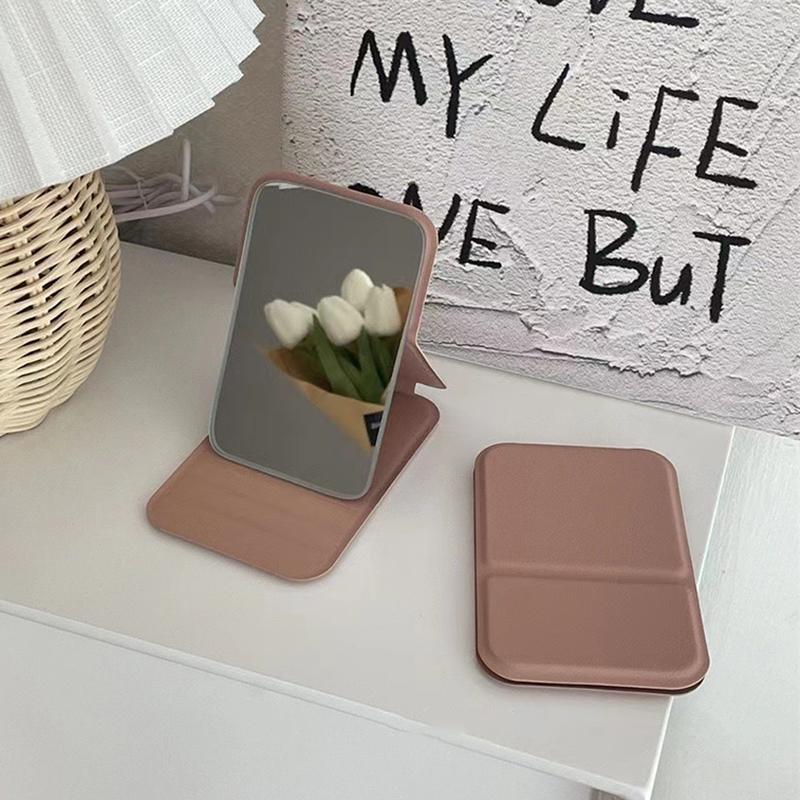 Foldable Mini Makeup Mirror Portable PU Leather Student Dormitory Desktop Standing Cosmetic Mirror