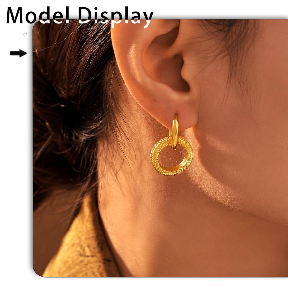 Qiong Yao Hypoallergenic Double Ring Threaded Stainless Steel Earrings with PVD Coating