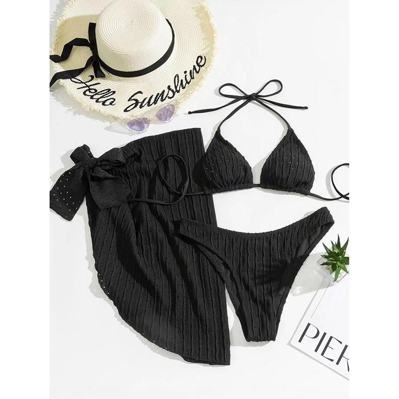 3-piece Beachskirt Swimsuit Women Solid Color Ventilate Bikini Sexy Triangle Cup Lace-up Backless Low Waist Bathing Suit