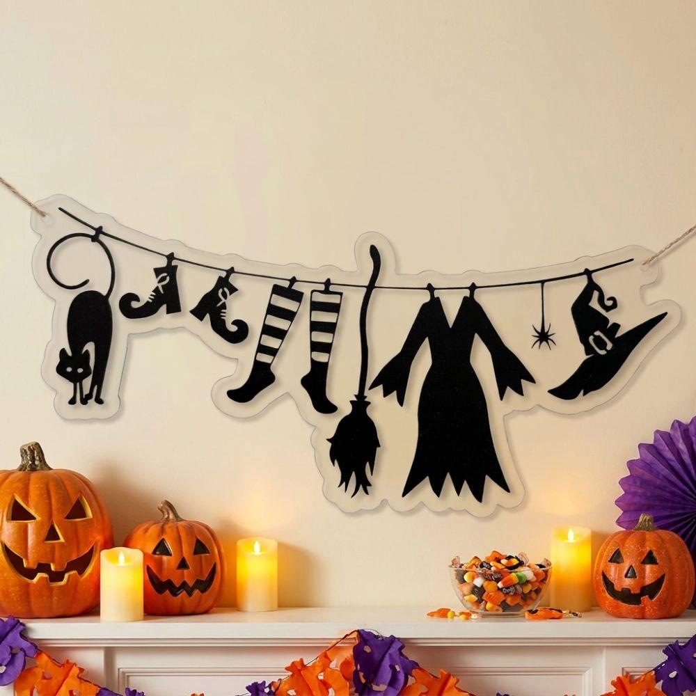 Acrylic Halloween Witch Hat Wall Art Spooky Witch Broom Witch Cloak Hat Party Bunting Funny Black Cat Spider