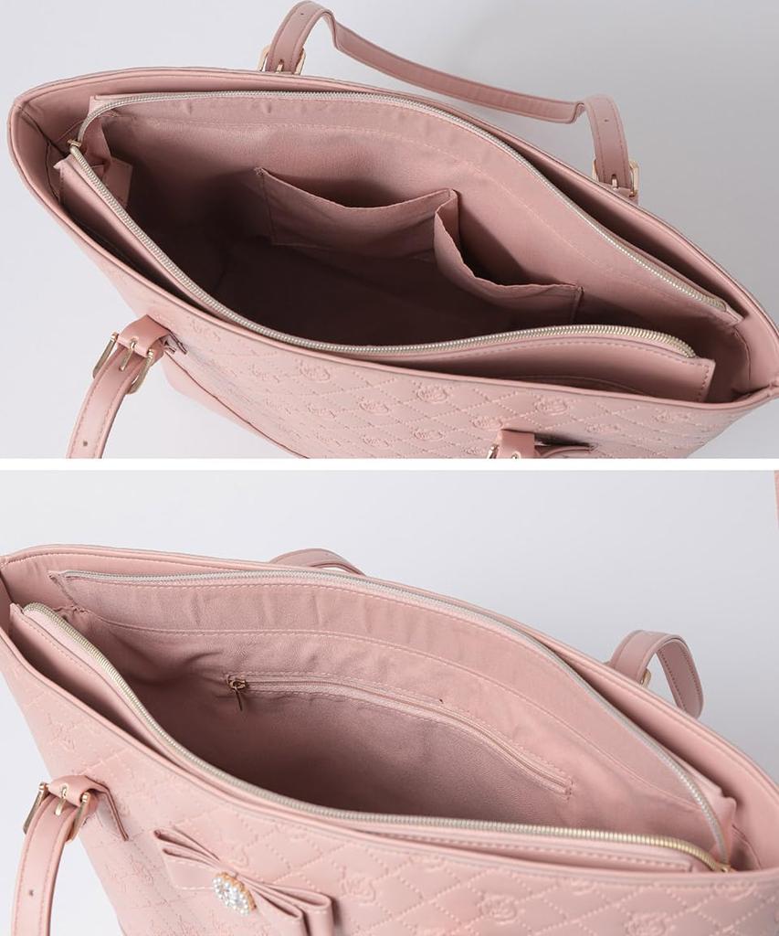 [SecretDoor] Black Tote Bag for Women, Shoulder Bag, Large, Large Capacity, A4, Synthetic Leather, Gusseted, Logo, Frills, 332913-01