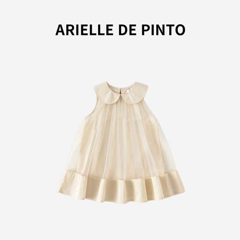 French Arielle De Pinto Girls  Dress Summer Sweet Gauze Dress Mesh Lapel Sleeveless Princess Dress White 110