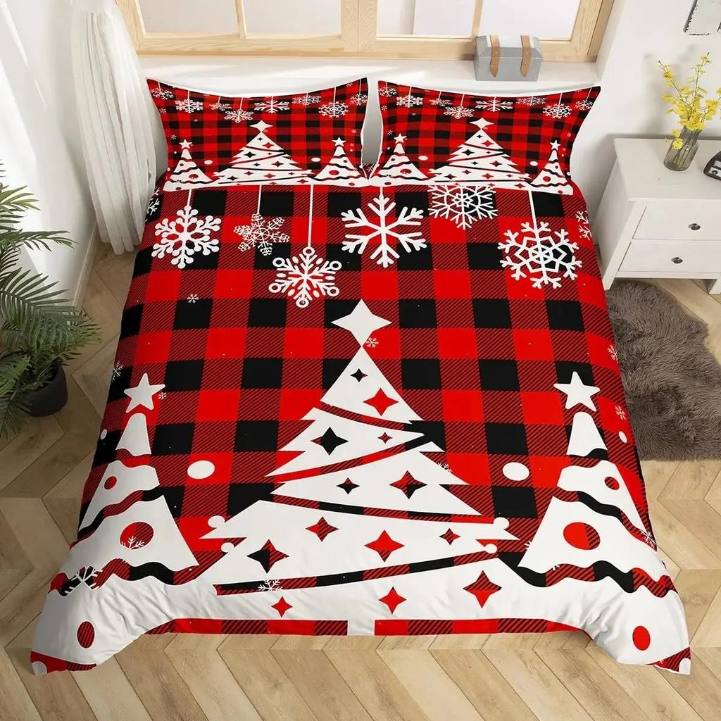 Frohe Weihnachten Bettbezug-Set, Rot kariert Rustikaler Truck Bettdeckenbezug, Karierte Weihnachtsbaum Elch Hirsch Schneeflocke Bettwäsche-Sets