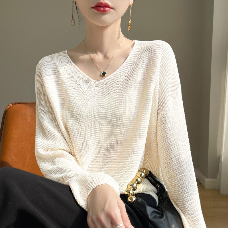 

Lazy V-neck K-style Pullover Thin Sweater Sun-Proof Linen White XL