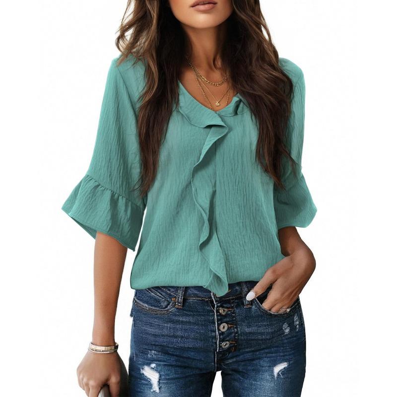 Fashionable New Style Sleeve Ruffles, Wide-necked Casual Shirt