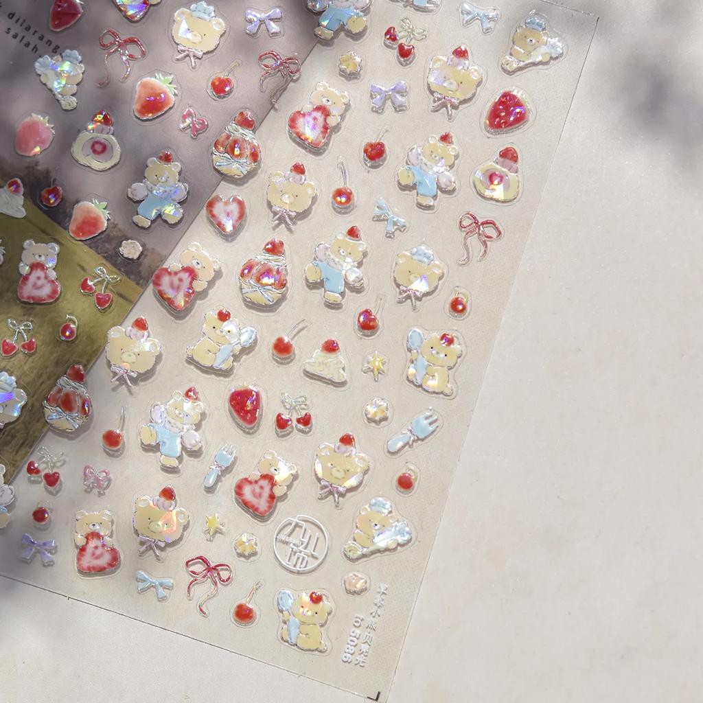 5D Pudding Jelly Dessert Fruit Cherry Pink Claw Print Bowknot Tie Knot Love Heart Stars Nail Art Sticker Adhesive Manicure Decal