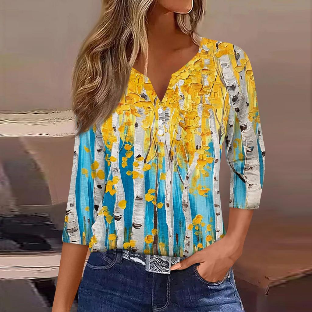 Women's T Shirt Tee Print Button  3/4 SleeveDaily Weekend Fashion Basic V- Neck Regular Top