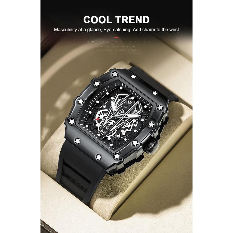 POEDAGAR Moderne Hohlzifferblatt Uhr Sport Top Marke Tonneau Wasserdicht Leuchtend Kalender Silikonarmband Herren Uhren Reloj Hombre