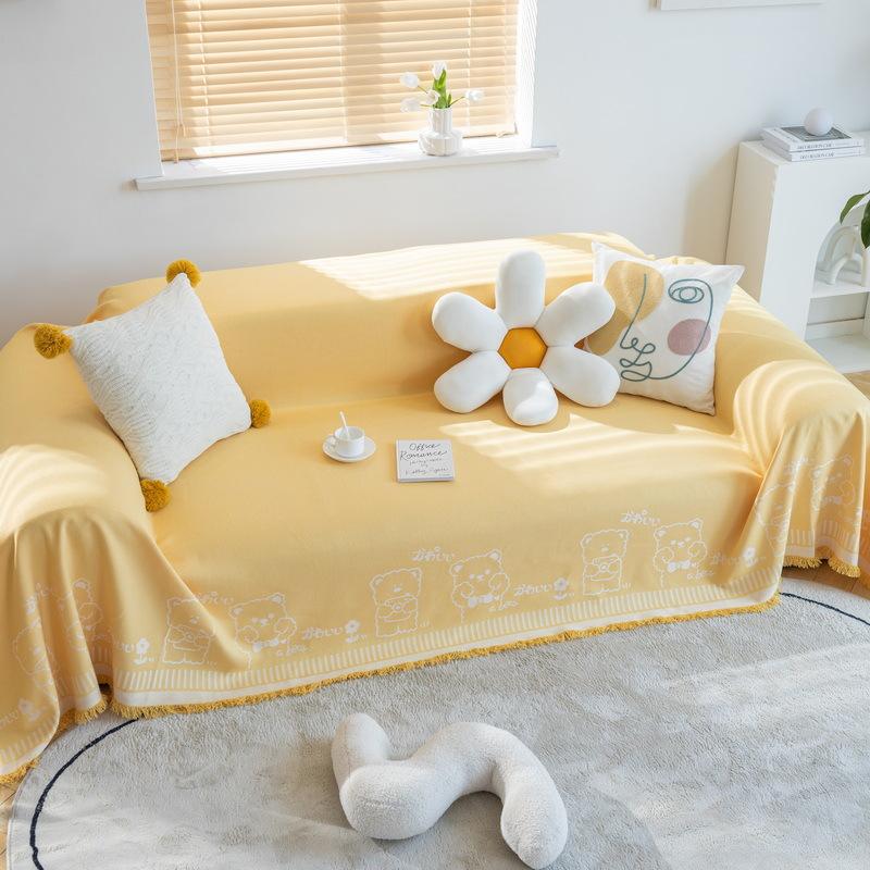 Cotton Linen Sofa Towel Cover Cartoon Bear Rabbit Couch Towel Universal for Seasons Non-slip Couch Dust Proof Decorative Blanket