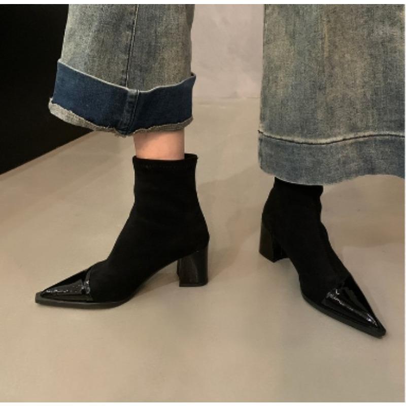 Mode Neue Designer Leopardenmuster Damen Stiefeletten Mode Spitzschuh Kurze Stiefeletten Prägnantes Patchwork Dicke Absätze Pumps Zapatos Mujer