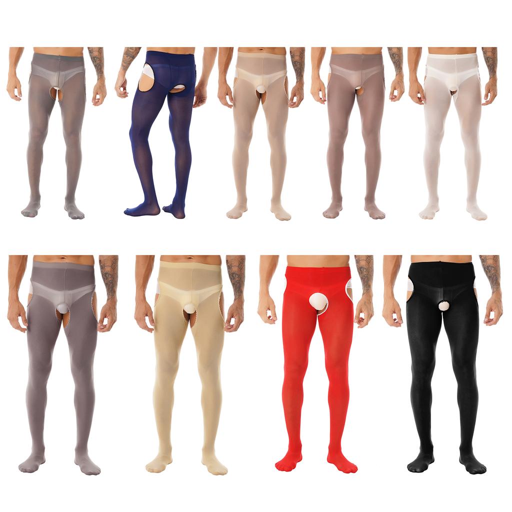 Men's Lace Trimming Pantyhose Open Crotch Long Pants Tights Leggings