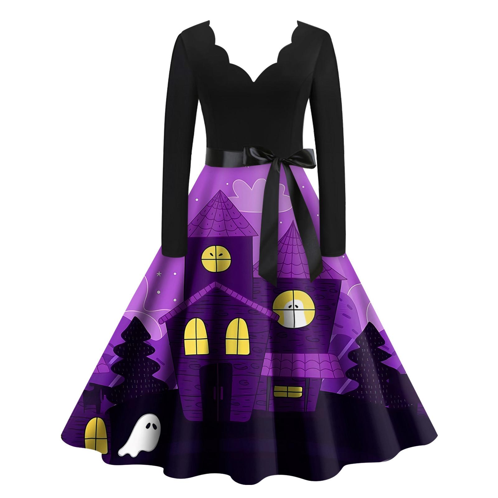 Хэллоуин Женское Повседневное Модное Платье с V-образным Вырезом и Принтом В Винтажном — фото 7