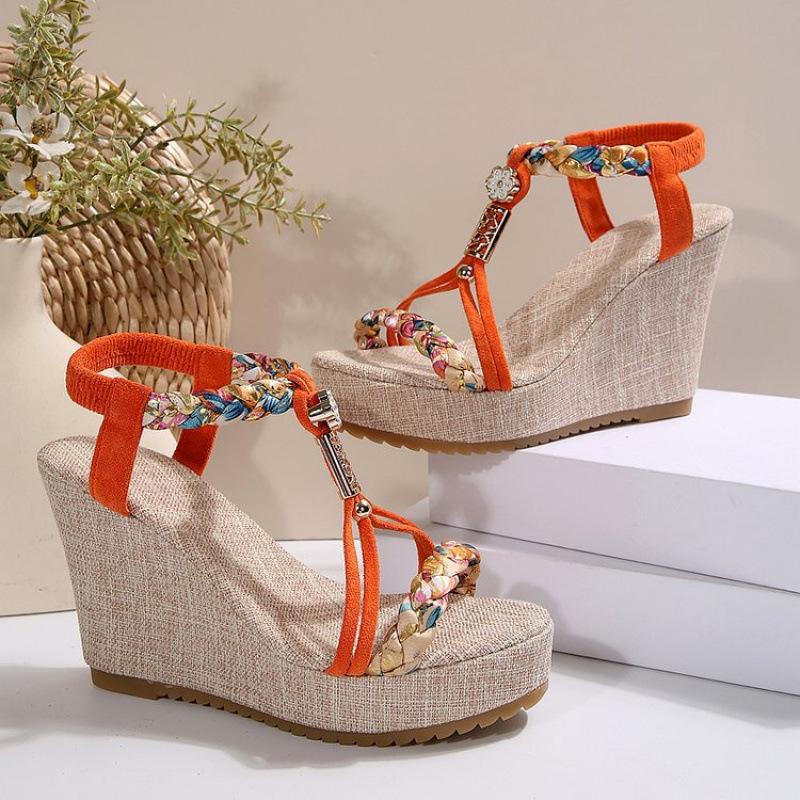 Large size sandals new open-toe color matching woven elastic band wedge heel platform sandals 36