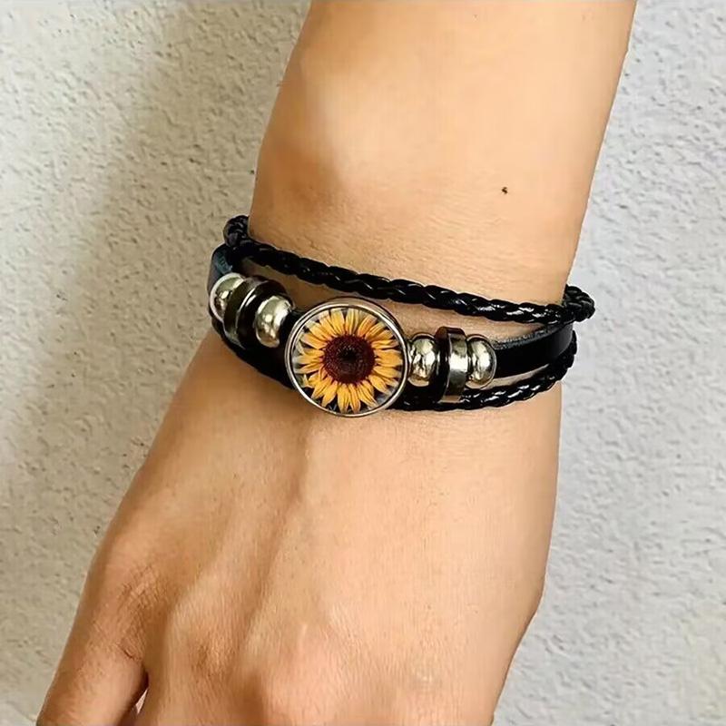 Braccialetto in Pelle Girasole Vintage Regolabile Braccialetti con Bottoni a Pressione in Vetro Floreale Per Donne Uomini