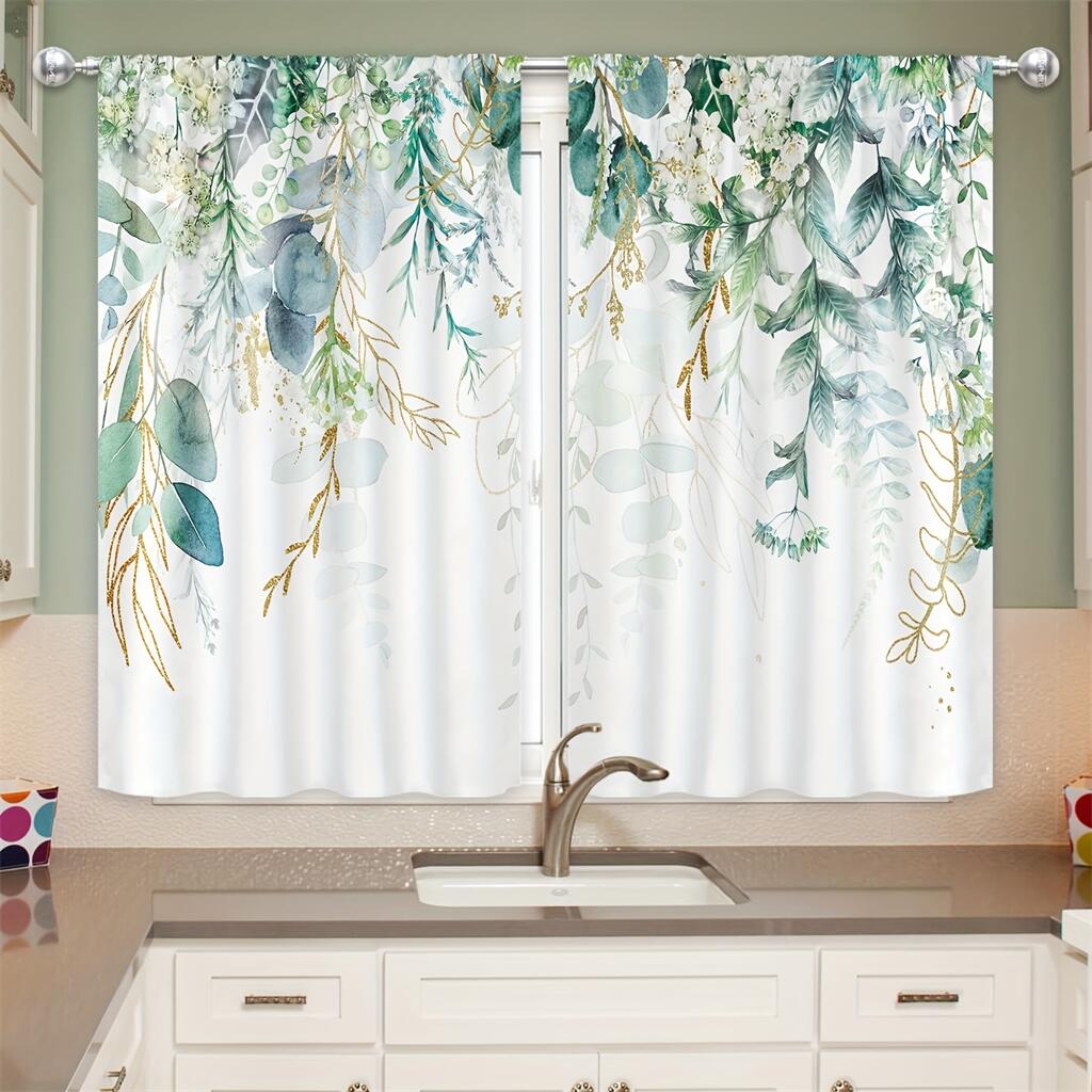 Nordic Fresh Green Leaves Print Curtains Modern Botanical Window Drapes 2 Panels Living Room Bedroom Curtains