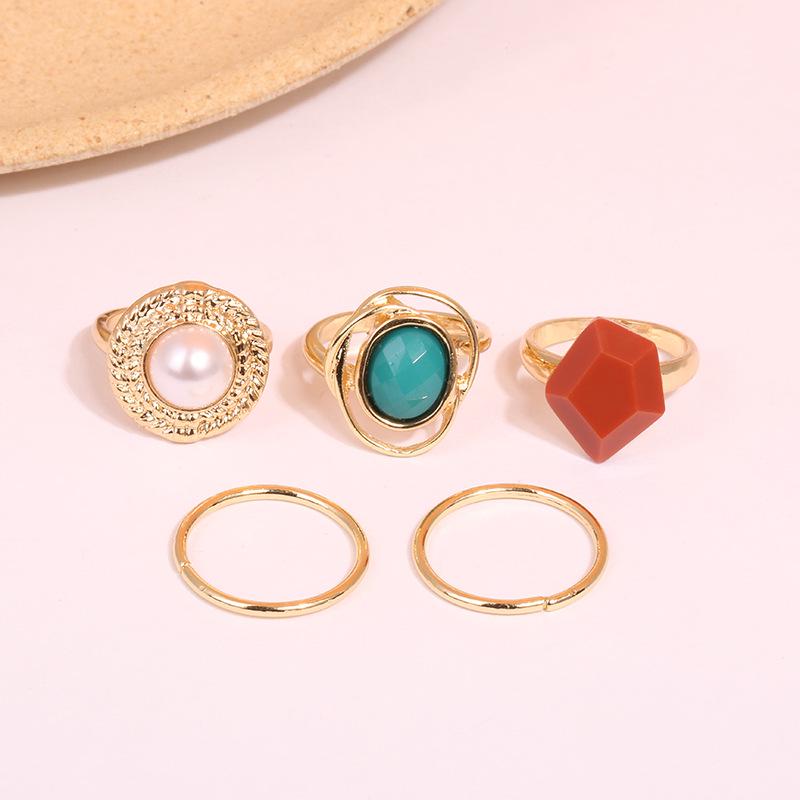 

Набор геометрических фацетированных колец на фаланги из смолы: Комбо из искусственного жемчуга - Женские модные кольца из пяти частей 12-18 золотой