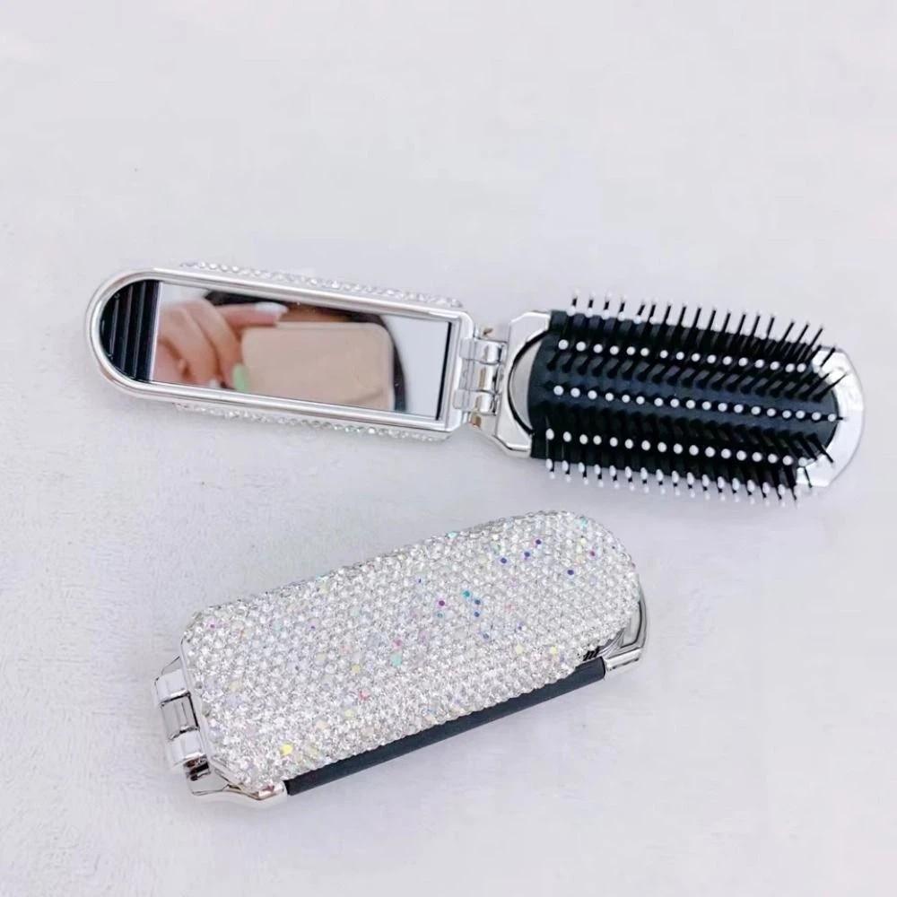 Portable BlingBling Comb Mirror Crystal-Encrusted Rhinestone Hair Comb Gift for Girls