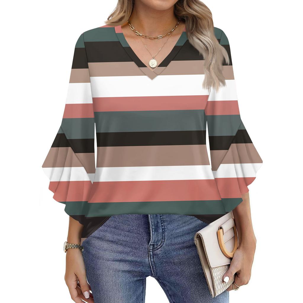Women's Fashion Casual Seven-minute Sleeve Stripe Print Top V-neck T-shirt Flared Sleeve Shirt