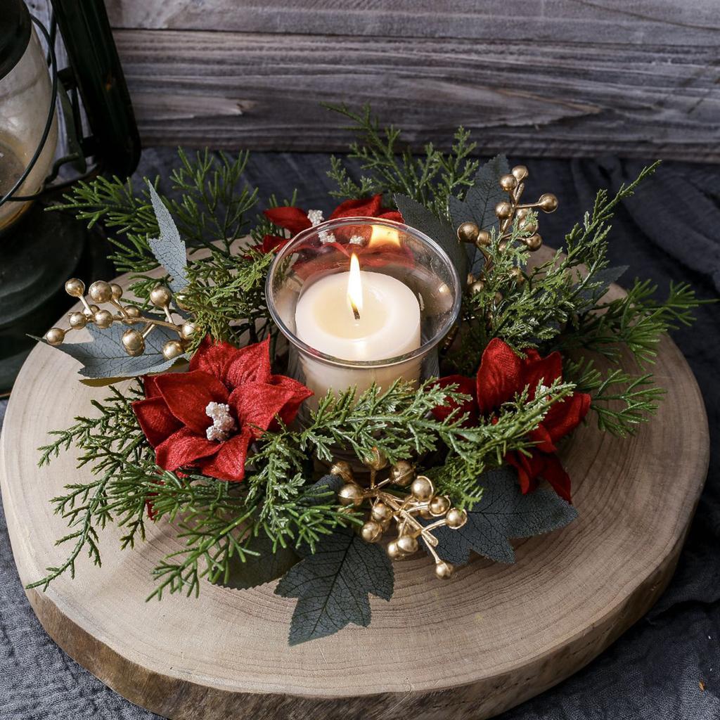 Christmas Candle Wreath Artificial Floral Greenery 25cm Garland Table Centerpiece for Holiday Xmas Desktop Decoration