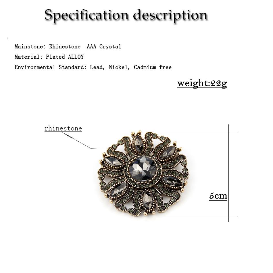 Vintage Gold Color Gray Crystal Round Bohemia Brooch For Women Jewelry Retro