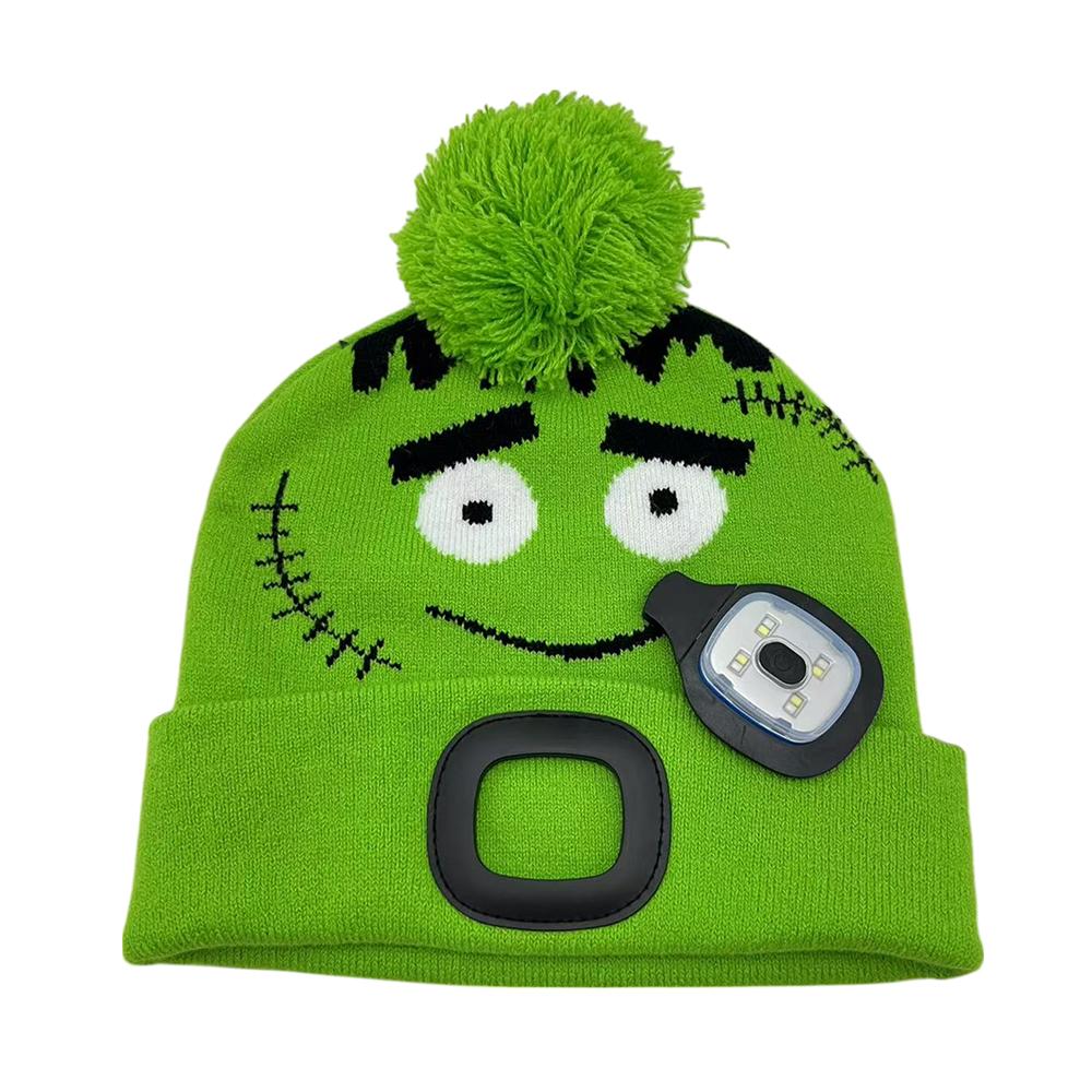Novelty LED Beanie for Boys Factory Price Logo and Color Custom LOGO Cute Cartoon Green Knitted Hat with LED Headlamp