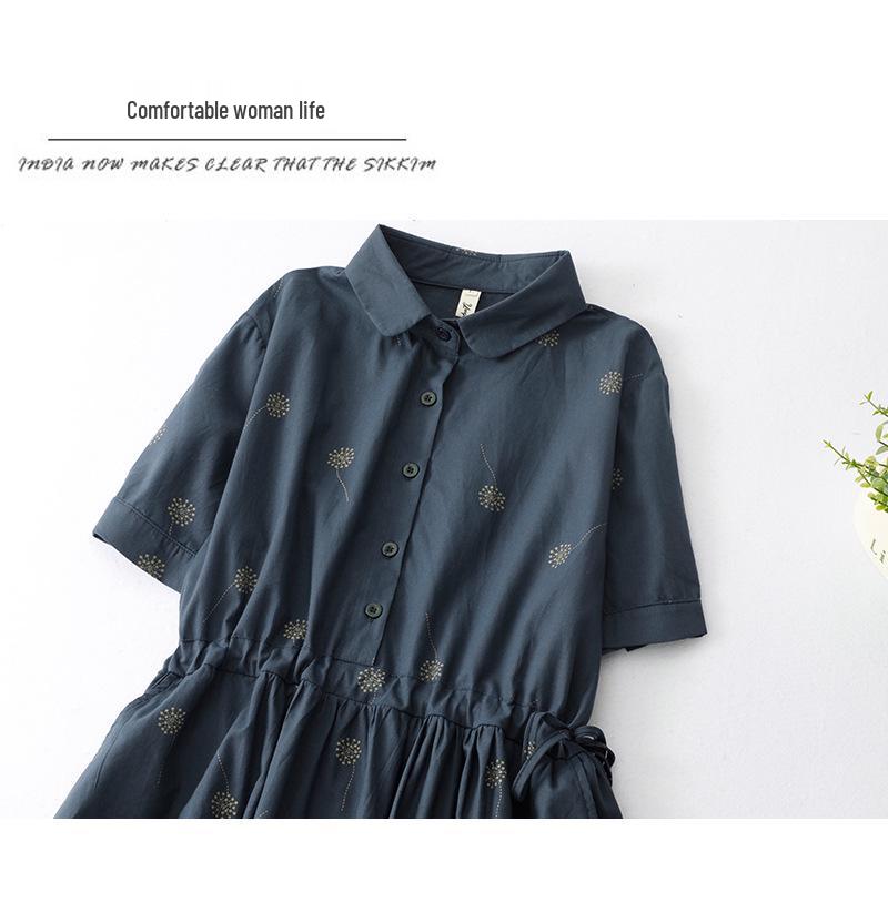 2026 Summer Women's High-End Chinese Style Cotton Linen Shirt Dress - Waist-Cinched, Slimming, Mid-Length Skirt