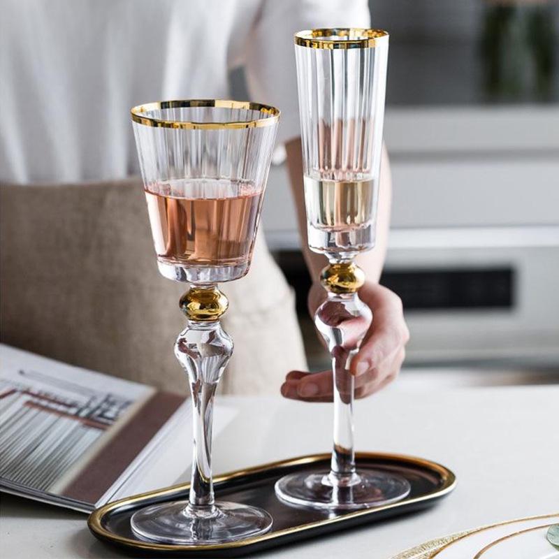 Handmade Crystal Wine Glass with Gold Rim & Beaded Design - Red Wine & Champagne Flute