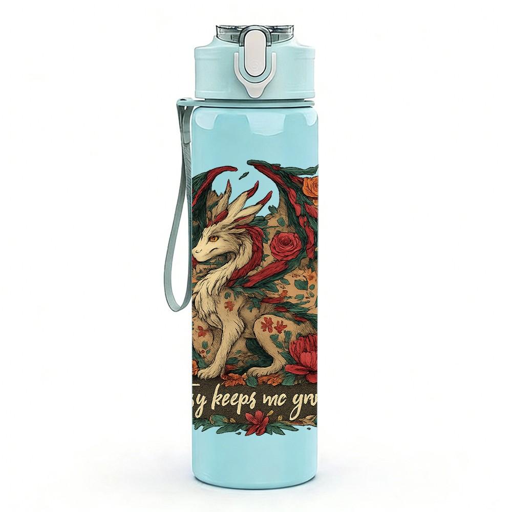 1PC Floral Circle Dragon Emblem 750ml Color Plastic Sports Water Bottle Leakproof Flip Straw Lid Suitable for Sports Office Home Use