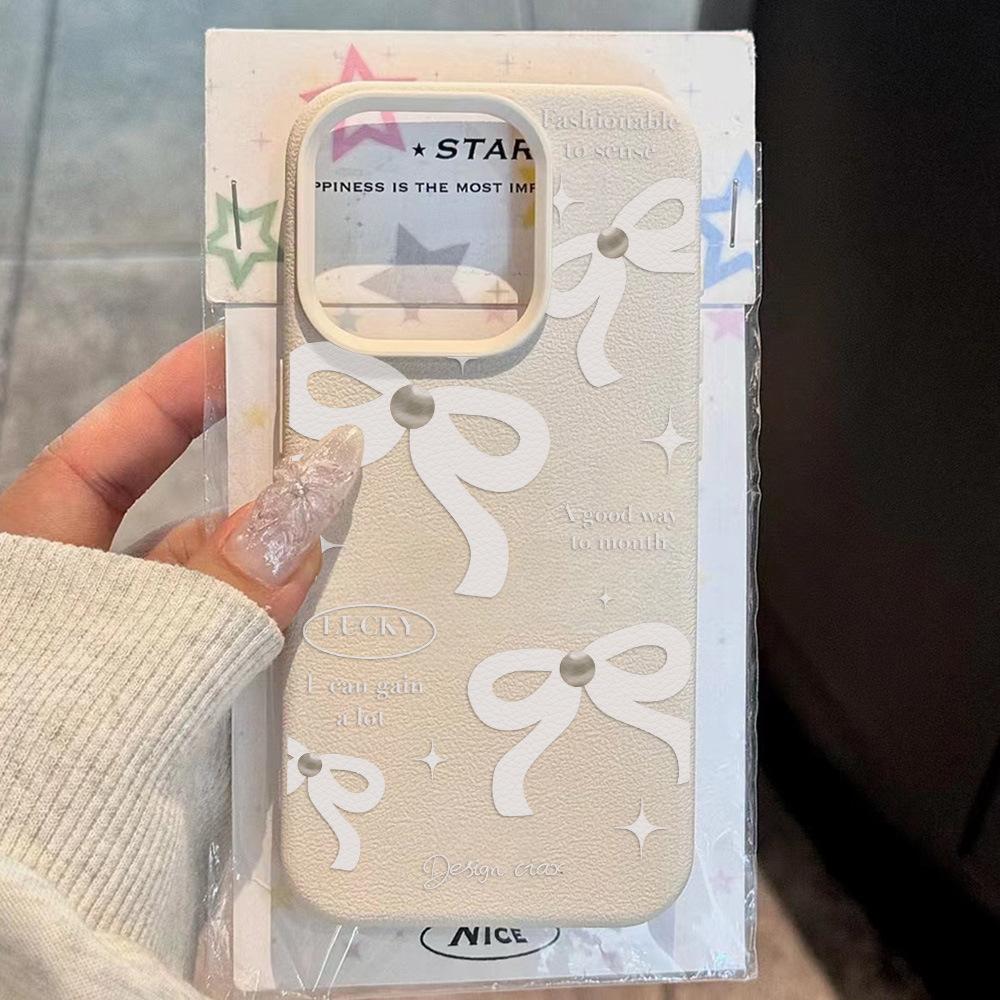 White English bow for iPhone17 ProMax leather pattern mobile phone protective case 17 large holes 16 simple