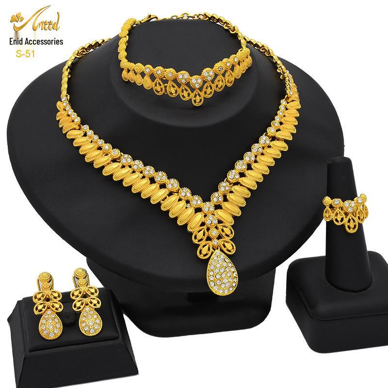 24K Gold-Plated Bridal Jewelry Set: Necklace & Earrings, Middle Eastern Wedding Style, Dubai Four-Piece Set