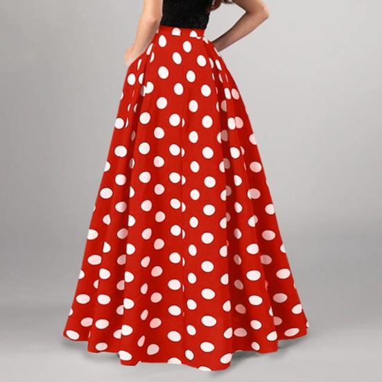 Women Maxi Skirt High Waist Color Matching Dot Print Retro A-line Big Hem Side Pockets Loose Full Length Soft Elastic Waist Lady Prom Party Long Skirt