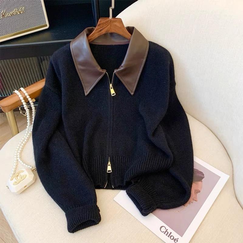 Womens Oversized Cashmere-Blend Knit Cardigan With Leather Trim Polo Collar Zipper Front