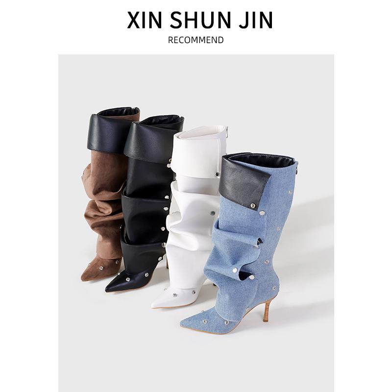 

Denim Ruched Stiletto Boots with Rivet Buckle 35 чорний