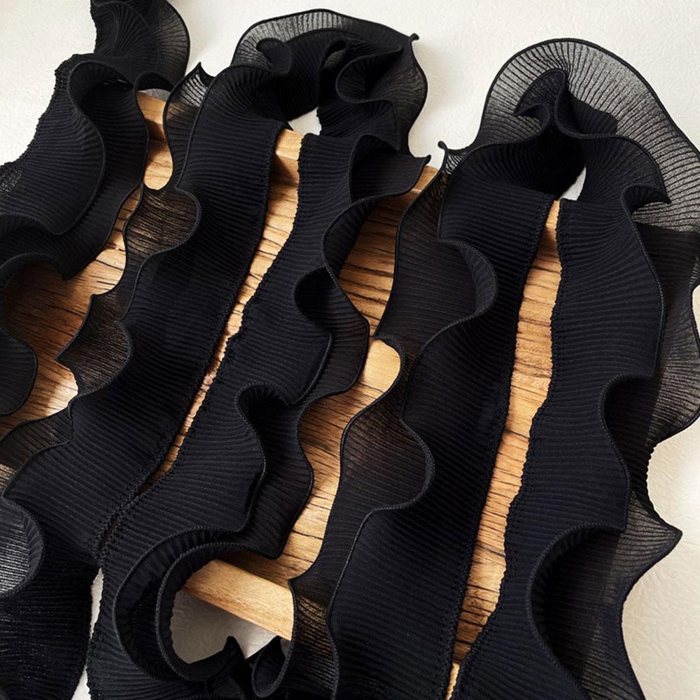 Hot Sale 8.5cm Elastic Pleated Chiffon Lace 2-Layer White/Black Ruffle Gathered Ribbon Edging Trimming Fabric for Doll Handmade