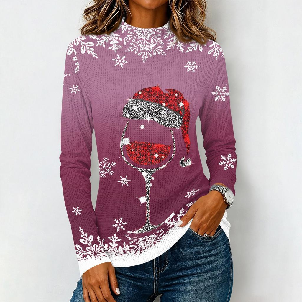 T-shirt di Natale Casual da Donna con Scollo Alto e Maniche Lunghe