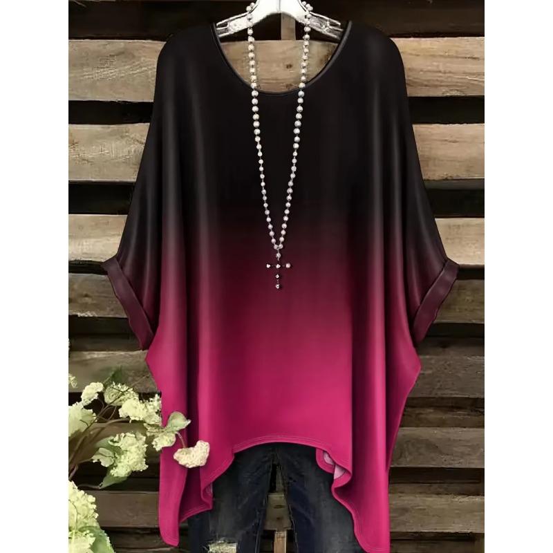 Vintage Women's T-Shirt Color Gradient Print Elegant Asymmetrical Hem O-Neck Short Sleeve Top Casual Fashion Street Outdoor Tops