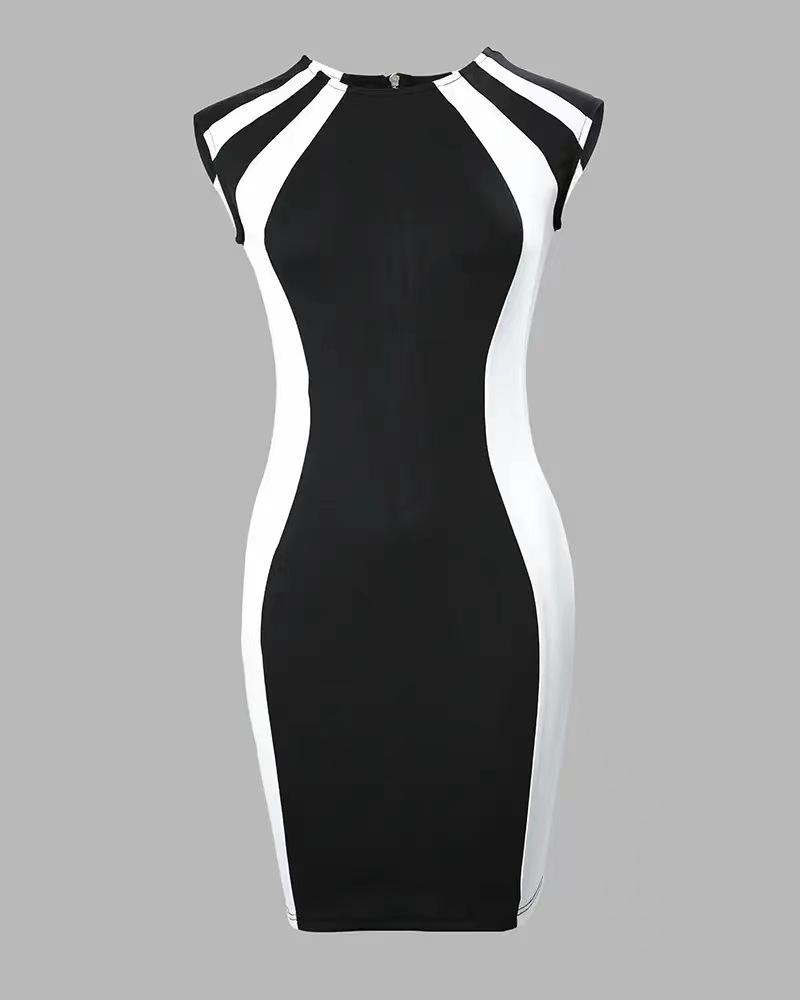Summer Color Block Sleeveless Round Neck Slim Fit Zipper Dress for Women - European and American Style