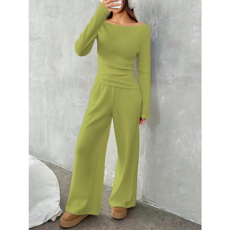 Women S French Style Slim Fit Long Sleeve Top And Wide Leg Pants Set