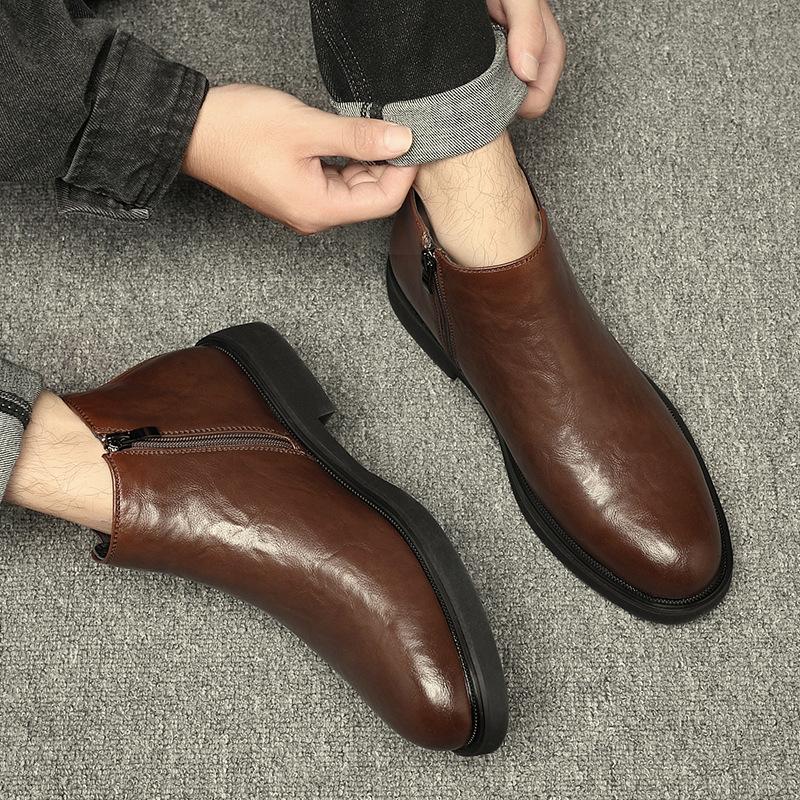 Pointed British Vintage Chelsea Boots Men's Trend Height Up High Top Leather Shoes Side Zipper Short Boots Medium Top Martin Boots