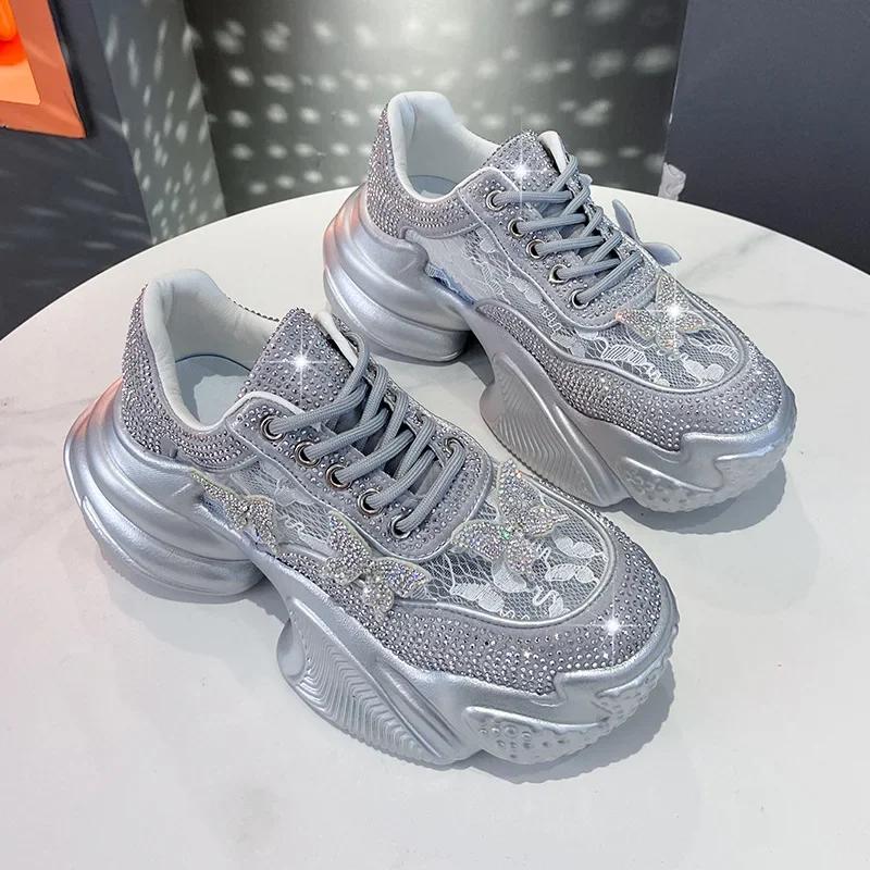 

Модная женская вулканизированная обувь на толстой подошве, обувь для папы, украшенная водными бриллиантами, из мягкой дышащей сетки и клиновидная подошва 35 серый