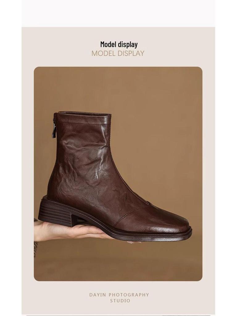 Wyszczuplające botki ze skóry jagnięcej 2025: Damskie Buty Martin na Średnim Obcasie Vintage, Czarny Kwadratowy Nosek, Kolekcja Jesień/Zima.