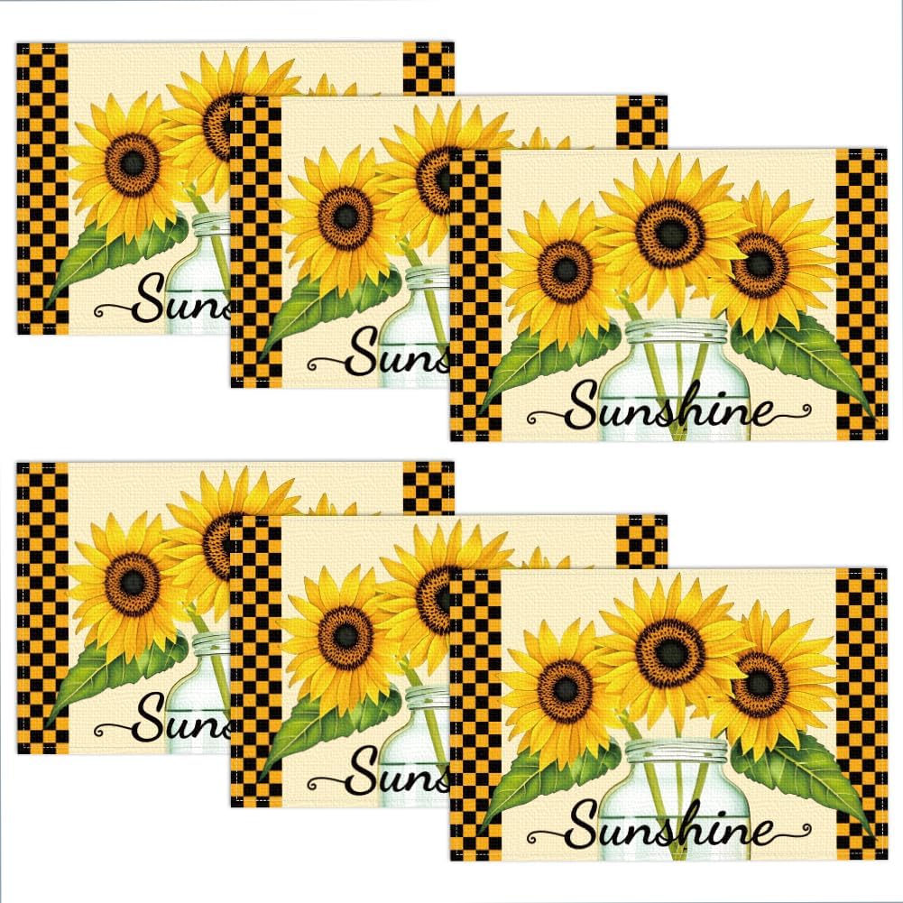 WADORN Flowers Cat Placemats Set of 6, Black Cat Wildflowers Cloth Table Place Mats 11.8x17.7 Inch Non-Slip Linen Washable Table Mats Heat Resistant