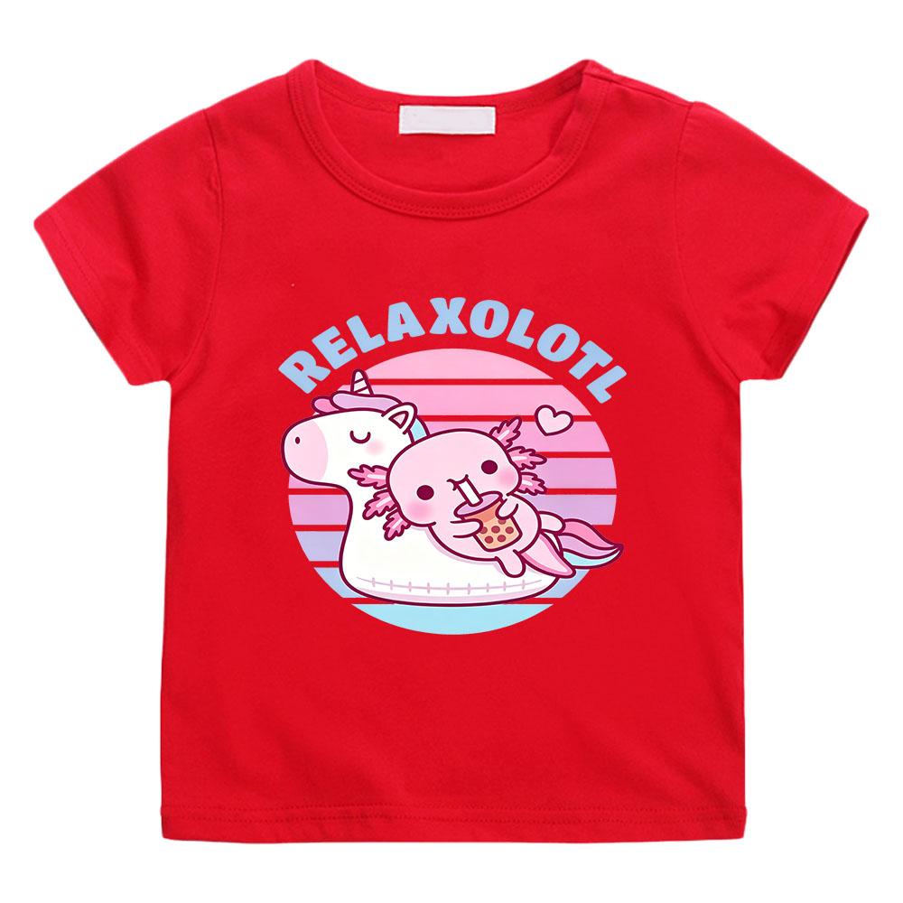 

Kawaii Pink Axolotl Children s T-shirt Cartoon Print 100 %Cotton Tees Streetwear Boys Girls Short Sleeve Casual Kids Top Summer 100 красный