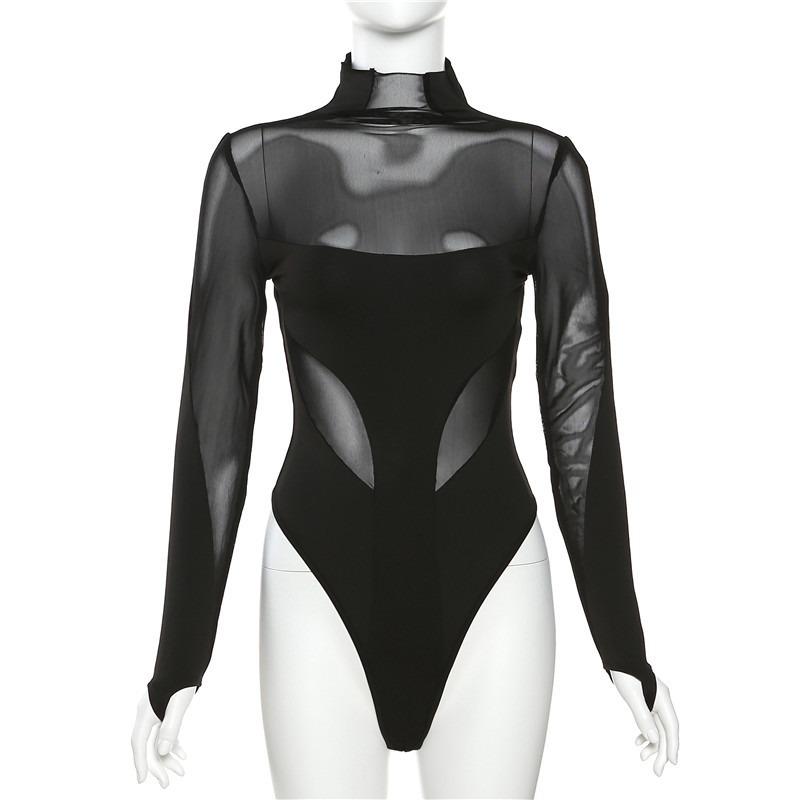 Mesh Splicing See Through Sexy Bodysuits Women Fashion Slim Long Sleeve Jumpsuit Women Playsuits Skinny Mesh Patchwork Vacation Skinny Rompers 24303