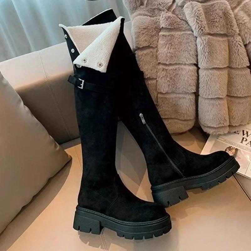 Women Mid Heels Over The Knee Suede Chelsea Boots New Platform Designer Luxury Shoes Goth Brand Walking Gladiator
