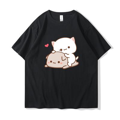 Peach Cat Goma and Mochi T-shirt New Summer Style T Shirt Femme Cute Print Women Tee-shirt Fashion Harajuku Couple 100% Cotton